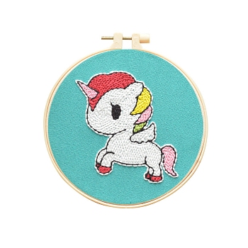 Animal Theme DIY Display Decoration Punch Embroidery Beginner Kit, Including Punch Pen, Needles & Yarn, Cotton Fabric, Threader, Plastic Embroidery Hoop, Instruction Sheet, Unicorn, 155x155mm