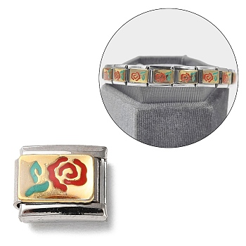 Rectangle 304 Stainless Steel Enamel Connector Charms, DIY Handmade Module Bracelet Accessories, Stainless Steel Color, Flower, 9x10x4~6mm