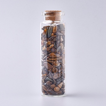 Glass Wishing Bottle, For Pendant Decoration, with Tiger Eye Chip Beads Inside and Cork Stopper, 22x71mm