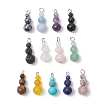 13Pcs 13 Styles Natural & Synthetic Mixed Gemstone Round Beaded Pendants, Gourd Charms with Platinum Tone Iron Loops, Mixed Dyed and Undyed, 20.5~24x8~8.5mm, Hole: 1.5~3mm, 1pc/style