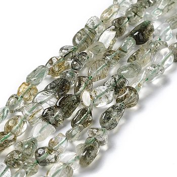 Natural Green Rutilated Quartz Beads Strands, Nuggets, 7~14x4~9x4~7mm, Hole: 1mm, about 40~50pcs/strand, 15.16~15.55 inch(38.5~39.5cm)