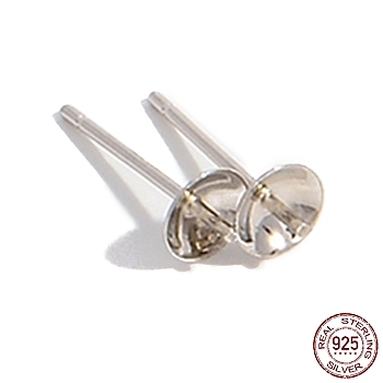 Rhodium Plated 925 Sterling Silver Stud Earring Findings, for Half Drill Beads, with S925 Stamp, Real Platinum Plated, 13x5mm, Inner Diameter: 4.6mm, Pin: 11x0.7mm