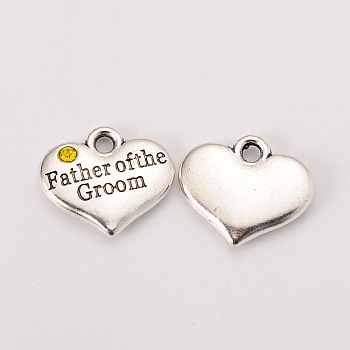 Wedding Theme Antique Silver Tone Tibetan Style Heart with Father of the Groom Rhinestone Charms, Cadmium Free & Lead Free, Citrine, 14x16x3mm, Hole: 2mm