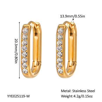 Elegant Stainless Steel Oval Hoop Earrings, with Rhinestone, Real 18K Gold Plated, 20.3x13.9mm
