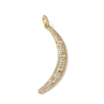 Brass Micro Pave Clear Cubic Zirconia Pendants, Moon Charms, Lead Free & Cadmium Free, Rack Plating, Long-Lasting Plated, Real 18K Gold Plated, 46x16x2.5mm, Hole: 4x3mm