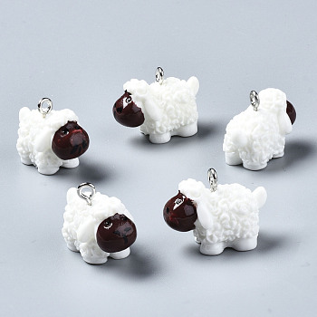 Opaque Resin Pendants, with Platinum Tone Iron Loop, 3D Sheep, White, 15~16x22x13mm, Hole: 1.8mm