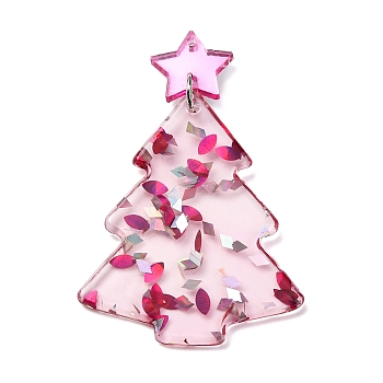 Christmas Tree Printed Opaque Acrylic Pendants, with Platinum Iron Loop, Pink, 52x33x2mm, Hole: 1.4mm