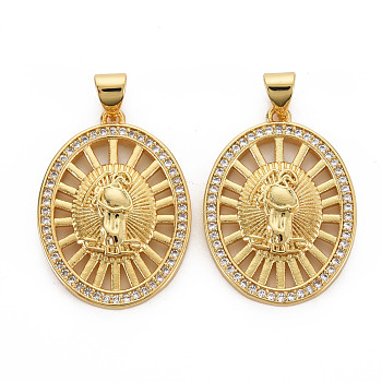 Brass Micro Pave Cubic Zirconia Pendants, Nickel Free, Oval with Virgin, Real 16K Gold Plated, 26.5x19.5x3.5mm, Hole: 3x5mm