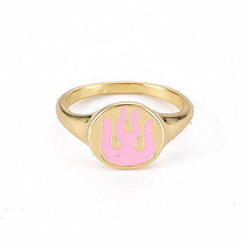 Alloy Enamel Wide Band Rings, Cadmium Free & Lead Free, Light Gold, Oval with Flame, Pearl Pink, US Size 6 3/4(17.1mm)