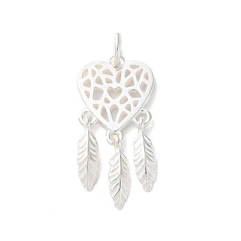 925 Sterling Silver Pendants, Woven Web/Net with Feather Charms with Jump Rings, Silver Color, Heart, 25.5x12.5x1.4mm, Hole: 3.2mm