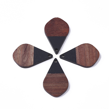 Resin & Walnut Wood Pendants, Teardrop, Black, 28x18x3mm, Hole: 2mm