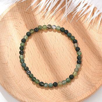 Natural Moss Agate Beaded Stretch Bracelets, Round, Beads: 4~5mm, Inner Diameter: 2-1/4 inch(5.65cm)