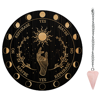 AHADEMAKER DIY Wiccan Altar Supplies Kits, with Cone Natural Rose Quartz Pendants, 304 Stainless Steel Cable Chain Necklaces and Wood Pendulum Board, Sun Pattern, 3pcs/set