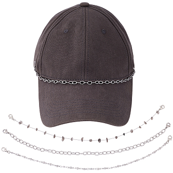6Pcs 3 Styles 304 Stainless Steel Chain Baseball Cap Chain, with Natural Smoky Quartz Chips and Lobster Claw Clasps, Stainless Steel Color, 280~280mm, 2pcs/style