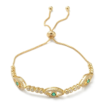 Horse Eye Cubic Zirconia Slider Bracelet, Real 18K Gold Plated Brass Adjustable Bracelet for Women, Green, Inner Diameter: 1-1/8~2 7/8 inch(3~7.3cm)