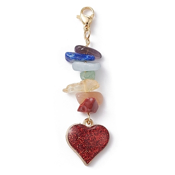 Chakra Gemstone Chip Pendant Decoration, with Heart/Oval Alloy Enamel Pendant and 304 Stainless Steel Lobster Claw Clasps, Valentine's Day Decoration, Mixed Color, 55~66mm