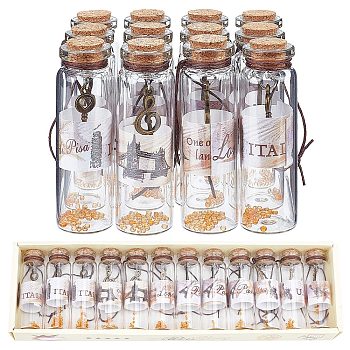 Transparent Glass Wishing Bottle Pendant Decoration, with Plastic Beads & Pendants inside, Cork Stopper, Clear, 120mm, 12pcs/set