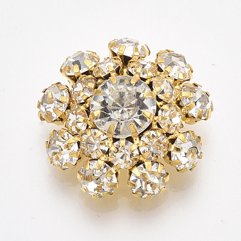 Golden Plated Brass Shank Buttons, with Rhinestone, 1-Hole, Flower, Crystal, 22x22x9mm, Hole: 1.2mm