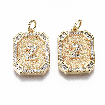 Brass Micro Pave Clear Cubic Zirconia Pendants, Nickel Free, Real 18K Gold Plated, Rounded Rectangle with Word, Letter.Z, 19x14x2.5mm, Jump Ring: 5x0.7mm, 3mm inner diameter