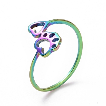 Ion Plating(IP) 201 Stainless Steel Paw Print and Heart Finger Ring, Hollow Wide Ring for Women, Rainbow Color, US Size 6 1/2(16.9mm)
