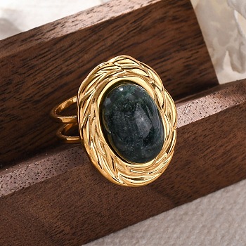 Oval Natural Moss Agate Finger Rings, 304 Stainless Steel Cuff Rings for Women, Golden, oval: 22x17.5mm, Adjustable