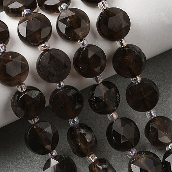 Natural Smoky Quartz Beads Strands, Faceted Hexagonal Cut Coin Beads, with Seed Beads, 10~10.5x6~6.5mm, Hole: 1.2mm, about 15pcs/strand, 7.28''(18.5cm)~7.68''(19.5cm)