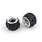 Polymer Clay Rhinestone European Beads, Large Hole Beads, Rondelle, with Silver Color Plated Brass Cores, Jet, 10~12x7~8mm, Hole: 5mm, Rhinestone: pp17((2.3~2.4mm)(CPDL-S007-01)