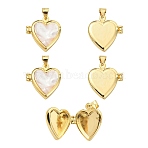 5Pcs Natural Shell Locket Pendants, Brass Heart Charms, 18.5x17x5mm, Hole: 4x3.5mm(KK-SZ0006-51)