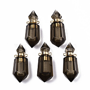 Faceted Natural Smoky Quartz Pendants, Openable Perfume Bottle, with Golden Tone Brass Findings, Hexagon, 40~41.5x15x13.5mm, Hole: 1.8mm, Bottle Capacity: 1ml(0.034 fl. oz)(G-T131-15C)