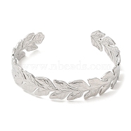 304 Stainless Steel Cuff Bangles, Leaf Open Bangles for Women, Stainless Steel Color, Inner Diameter: 2-3/8x2-1/8 inch(5.9x5.3cm), 12mm(BJEW-K267-06P)