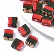 Tri-color Handmade Porcelain Beads, Ornamental with Gold, Square, Red, 12x12x7mm, Hole: 2.5mm(PORC-S501-022A)