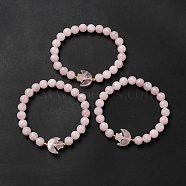 Natural Rose Quartz Moon and Star Beaded Stretch Bracelet for Women, Inner Diameter: 2-1/8 inch(5.5cm)(G-G997-C05)