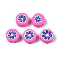 Handmade Polymer Clay Beads, for DIY Jewelry Crafts Supplies, Flat Round with Flower, Hot Pink, 9.5~10x4.5mm, Hole: 1.8mm(CLAY-N008-039G)