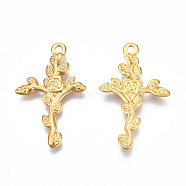 Ion Plating(IP) 201 Stainless Steel Pendants, Cross with Flower, Real 18K Gold Plated, 30x18.5x1.5mm, Hole: 1.8mm(STAS-N098-063LG)