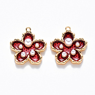 Brass Enamel Pendants, with ABS Plastic Imitation Pearl, Nickel Free, Flower, Real 18K Gold Plated, FireBrick, 16.5x15.5x4mm, Hole: 1mm(KK-T049-052G-03-NF)