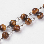 Natural Tiger Eye Handmade Beaded Chains, Unwelded, with Platinum Plated Iron Eye Pin, Faceted Round, 14x6~7mm, 39.37 inch(1m)/strand, about 83pcs/m(AJEW-JB00438-05)