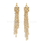 Brass Micro Pave Clear Cubic Zirconia Pendants, with Jump Rings, Long-Lasting Plated, Cube with Tassel, Real 18K Gold Plated, 40x5mm, Hole: 2.5mm(KK-F821-47G)