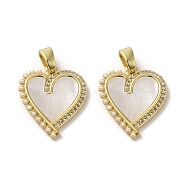 Brass Pave Shell Pendants, Heart Charms with ABS Imitation Pearl and Crystal Rhinestone, Real 18K Gold Plated, 21x19x5mm, Hole: 3.4mm(KK-I708-15A-G)