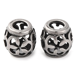 304 Stainless Steel European Beads, Large Hole Beads, Rondelle with Flower, Antique Silver, 10x10mm, Hole: 9.5mm(STAS-H226-02AS-04)