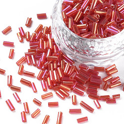 Tube AB-Color Plated Glass Bugle Beads, Transparent Colours Rainbow, Crimson, 4~4.5x2mm, Hole: 1mm, about 450g/bag, 14000pcs/bag(SEED-R011-165B)