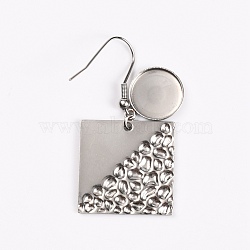 304 Stainless Steel Earring Hooks, with Flat Round Settings, Square, Stainless Steel Color, Tray: 12mm, 42mm, Pin: 0.8mm(STAS-WH0027-20F)