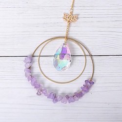 Double Round Ring Chip Natural Amethyst Window Hanging Pendant Decorations, with Glass & Iron Findings, 280mm(G-PW0007-089A)
