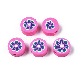 Handmade Polymer Clay Beads, for DIY Jewelry Crafts Supplies, Flat Round with Flower, Hot Pink, 9.5~10x4.5mm, Hole: 1.8mm(CLAY-N008-039G)