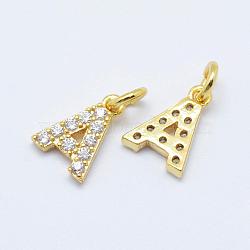 Brass Micro Pave Grade AAA Cubic Zirconia Charms, Letter A, Cadmium Free & Nickel Free & Lead Free, Real 18K Gold Plated, 8.5x6x1.5mm, Hole: 2mm(ZIRC-P067-11G-A-NR)