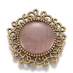Hollow Retro Plastic Imitation Cat Eye Cabochons, with Antique Gold Plated Alloy Findings, Flower, Pink, 23.5x24x4mm(KK-Z004-01B-AG)