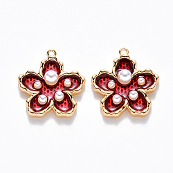 Brass Enamel Pendants, with ABS Plastic Imitation Pearl, Nickel Free, Flower, Real 18K Gold Plated, FireBrick, 16.5x15.5x4mm, Hole: 1mm(KK-T049-052G-03-NF)