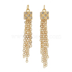 Brass Micro Pave Clear Cubic Zirconia Pendants, with Jump Rings, Long-Lasting Plated, Cube with Tassel, Real 18K Gold Plated, 40x5mm, Hole: 2.5mm(KK-F821-47G)