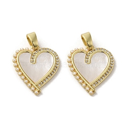 Brass Pave Shell Pendants, Heart Charms with ABS Imitation Pearl and Crystal Rhinestone, Real 18K Gold Plated, 21x19x5mm, Hole: 3.4mm(KK-I708-15A-G)