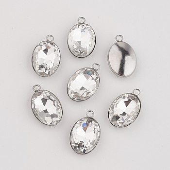 Stainless Steel Glass Rhinestone Pendants, Oval, Stainless Steel Color, 17x10.5x5mm, Hole: 2mm