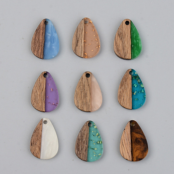 Resin & Walnut Wood Pendants, Teardrop, Mixed Color, 21.5x14.5x3mm, Hole: 2mm